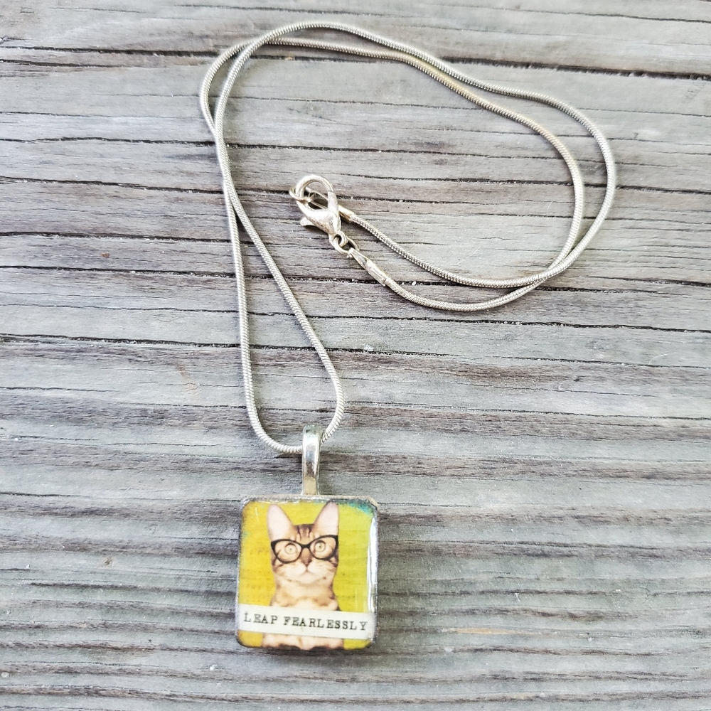 Upcycled cat scrabble tile necklace